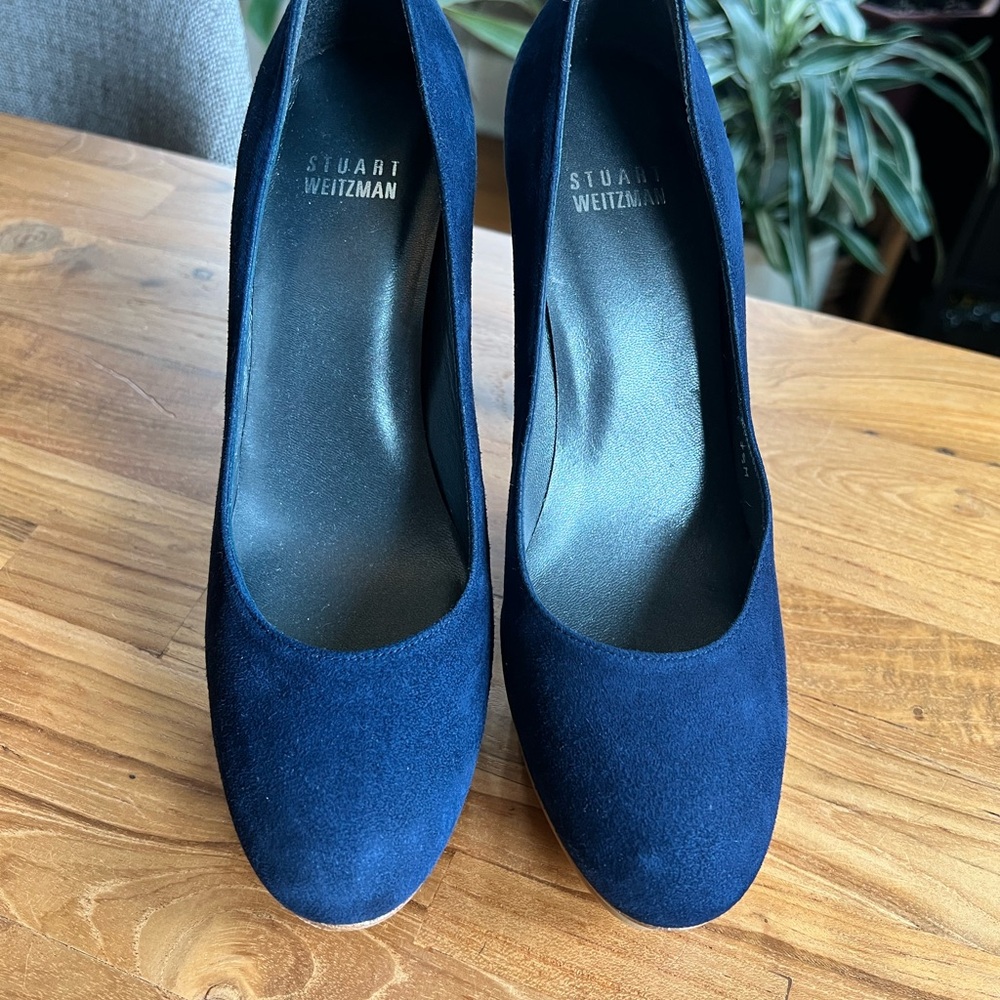 Navy Suede Round-Toe Pumps by Stuart Weitzman